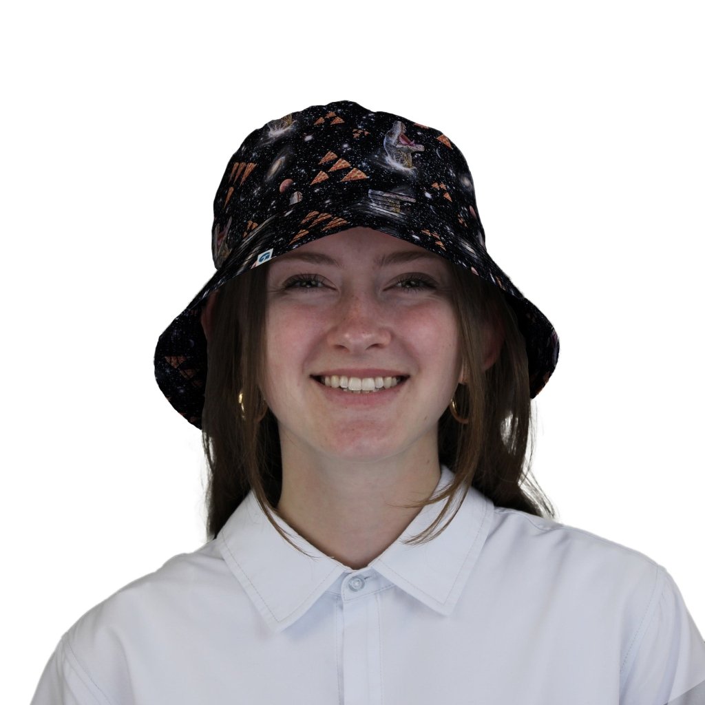 Dinosaur Galaxy Pizza Ships Bucket Hat - M - Black Stitching - -