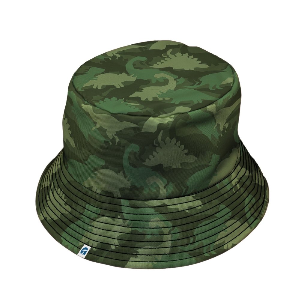 Dinosaur Khaki Army Dinosaur Green Bucket Hat - M - Grey Stitching - -