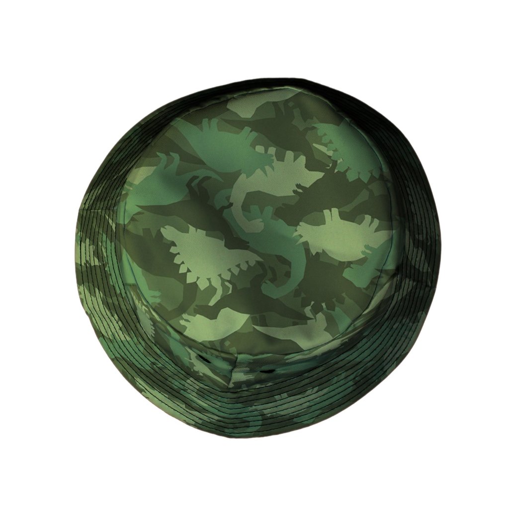 Dinosaur Khaki Army Dinosaur Green Bucket Hat - M - Black Stitching - -