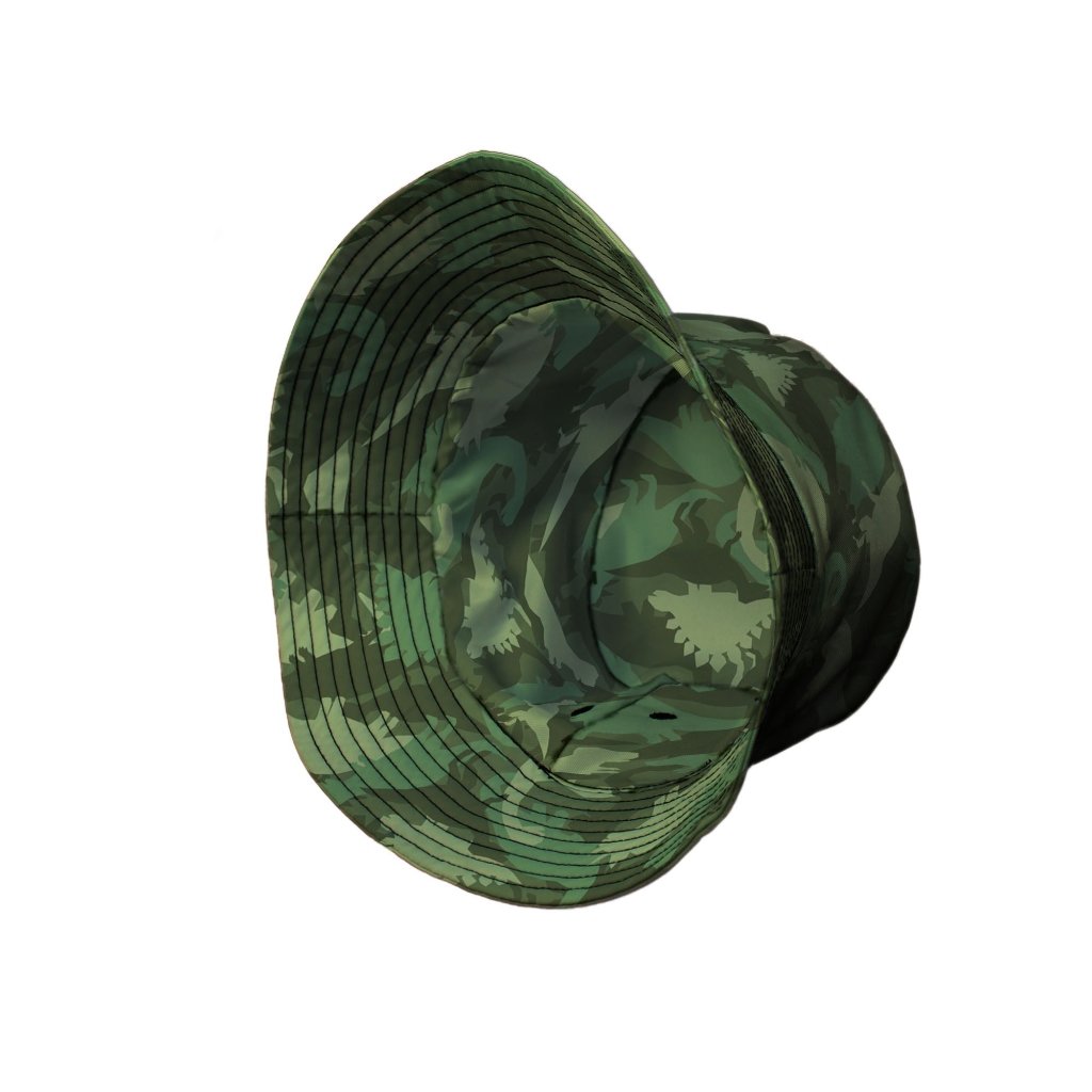 Dinosaur Khaki Army Dinosaur Green Bucket Hat - M - Black Stitching - -