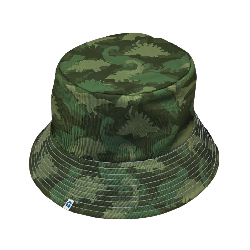 Dinosaur Khaki Army Dinosaur Green Bucket Hat - M - Black Stitching - -