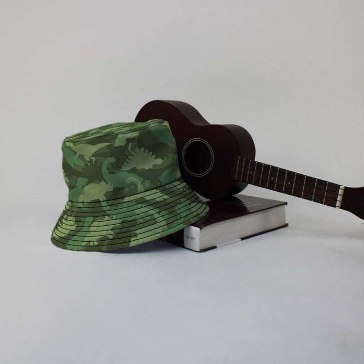 Dinosaur Khaki Army Dinosaur Green Bucket Hat - M - Black Stitching - -