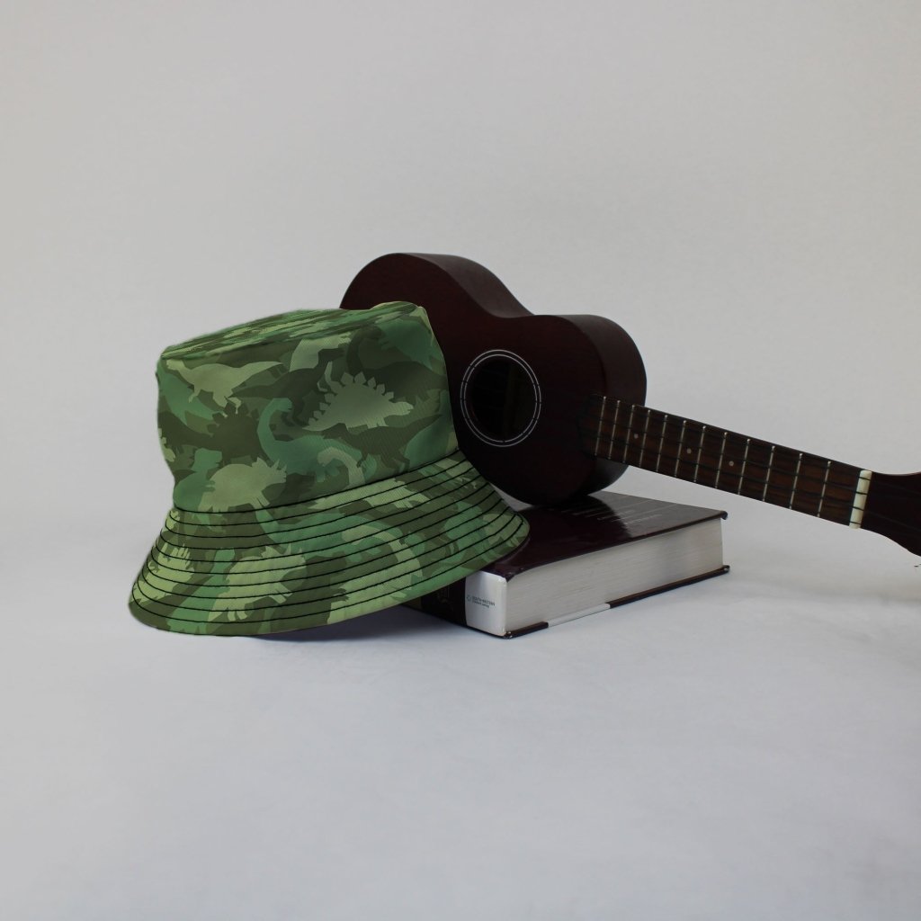 Dinosaur Khaki Army Dinosaur Green Bucket Hat - M - Black Stitching - -