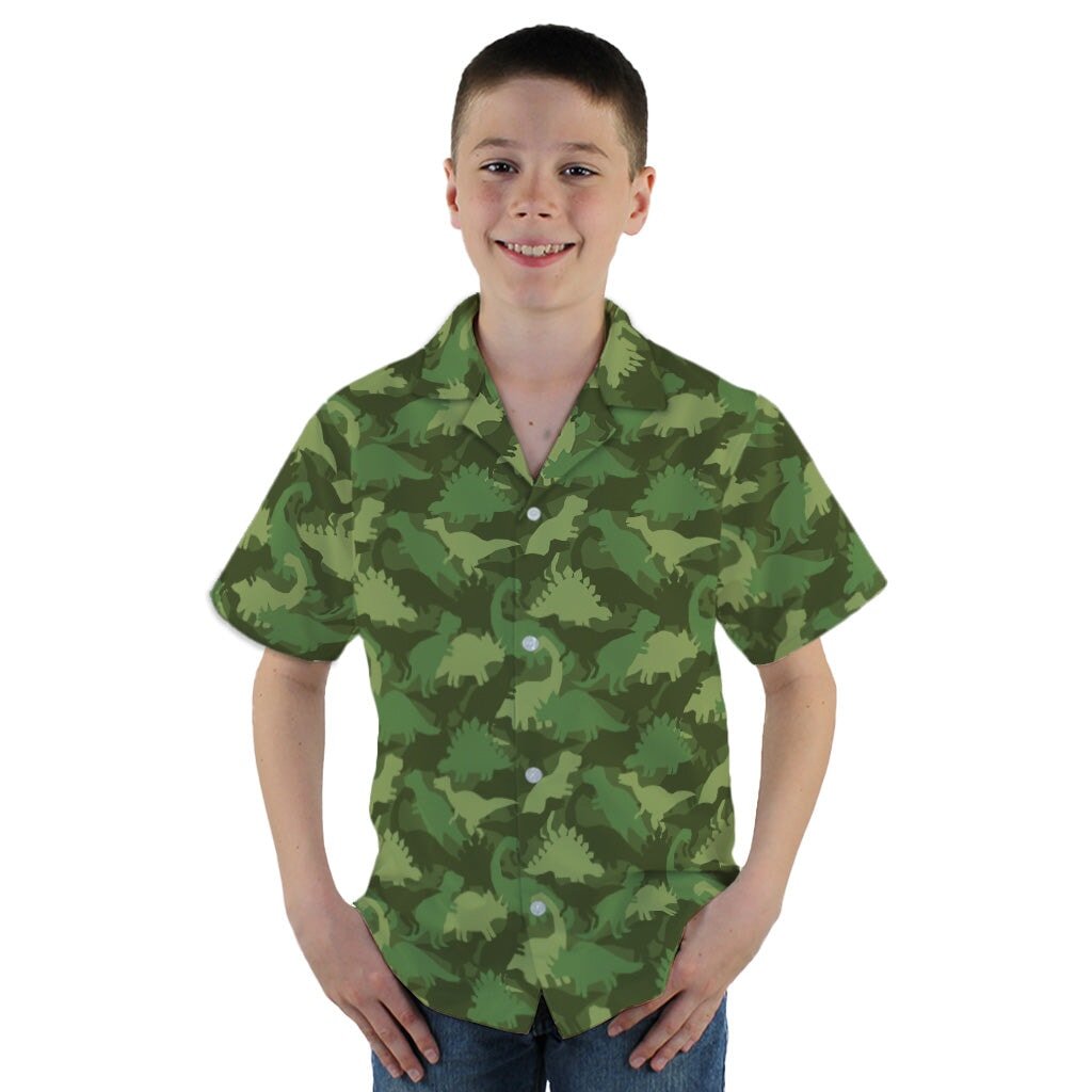 Dinosaur Khaki Army Dinosaur Green Youth Hawaiian Shirt - YM - -