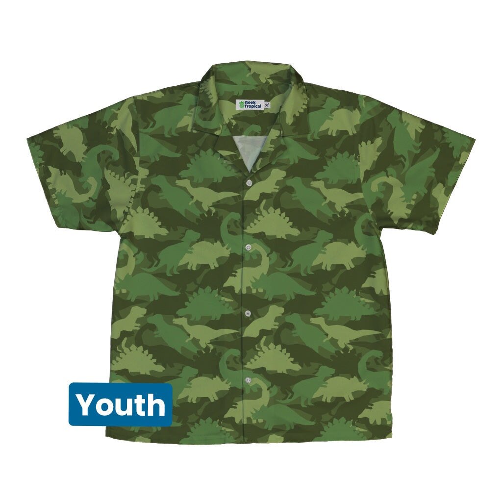 Dinosaur Khaki Army Dinosaur Green Youth Hawaiian Shirt - YXS - -