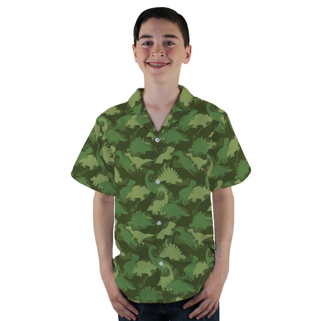 Dinosaur Khaki Army Dinosaur Green Youth Hawaiian Shirt - YL - -
