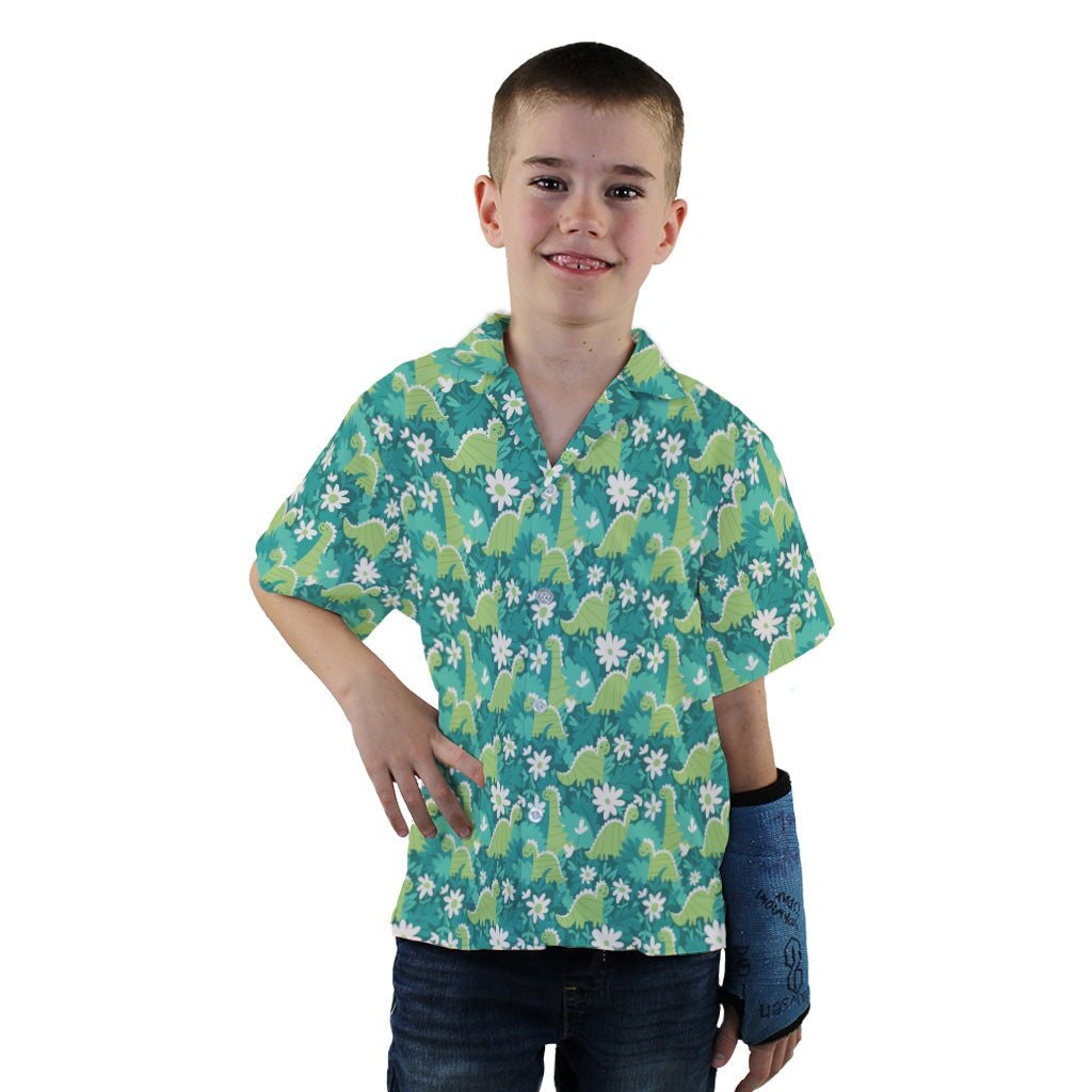Dinosaur Smiles Flowers and Leaves Youth Hawaiian Shirt - YXS - -