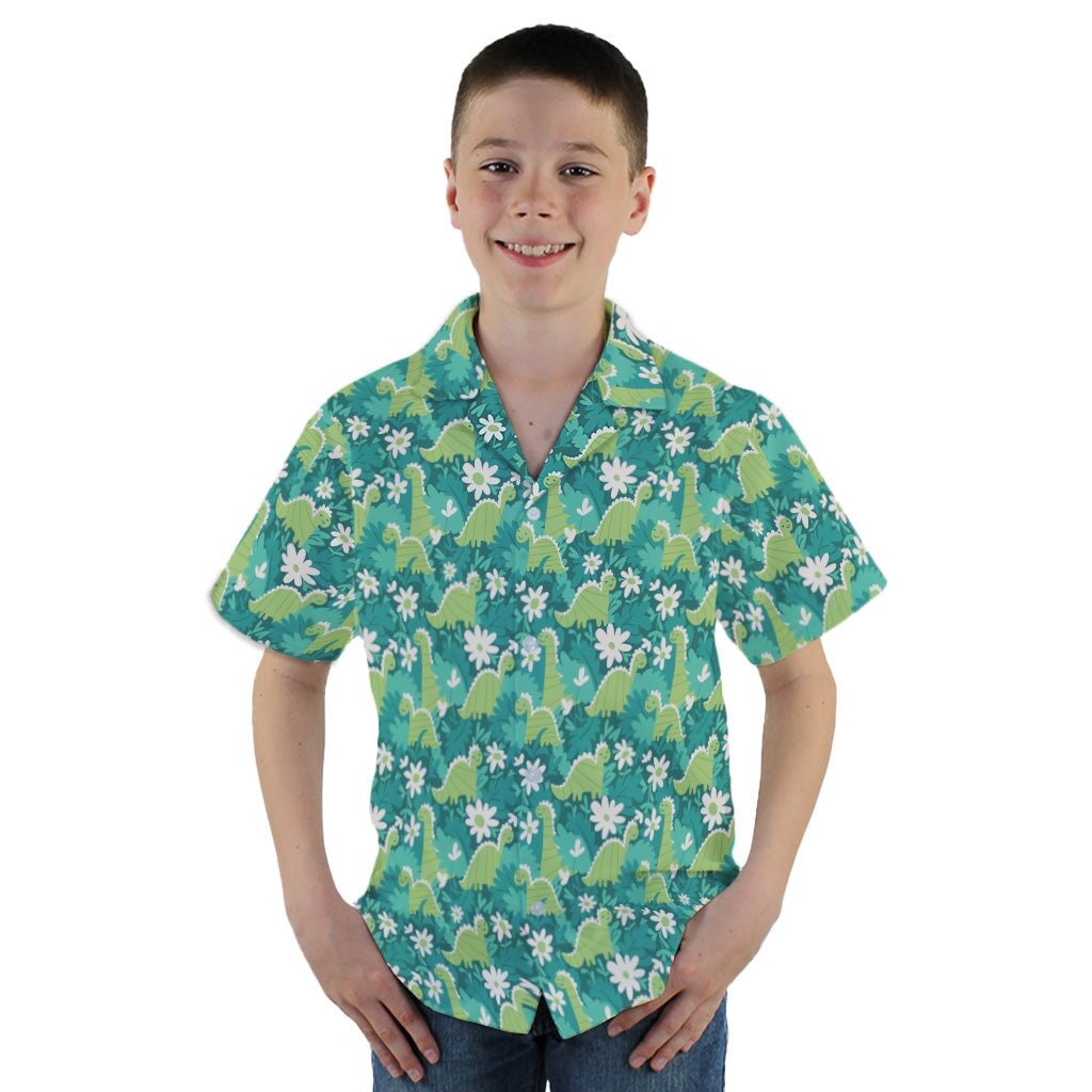 Dinosaur Smiles Flowers and Leaves Youth Hawaiian Shirt - YM - -