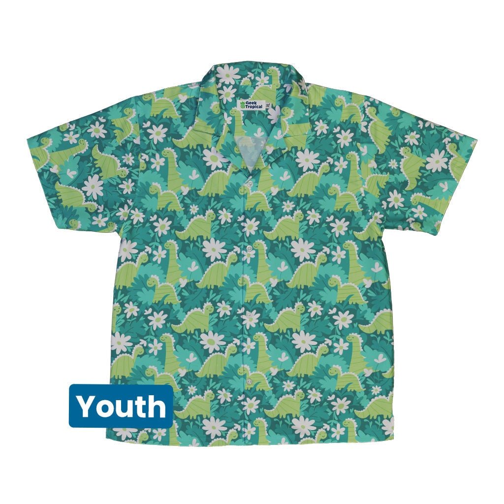 Dinosaur Smiles Flowers and Leaves Youth Hawaiian Shirt - YXS - -