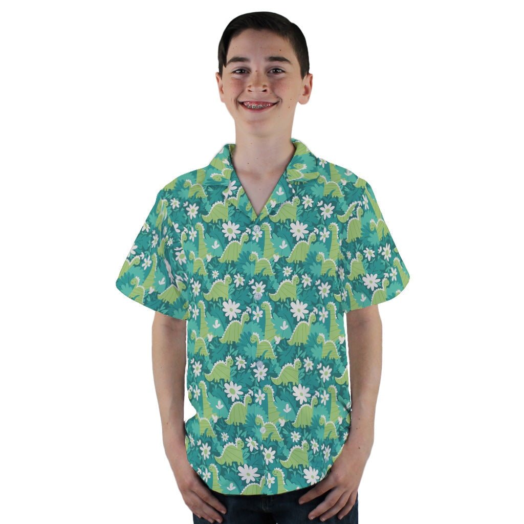Dinosaur Smiles Flowers and Leaves Youth Hawaiian Shirt - YL - -