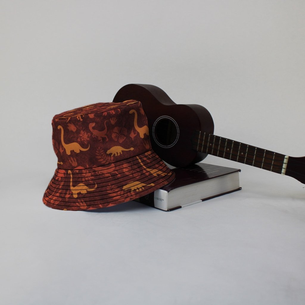 Dinosaur Tropical Fall Sunset Bucket Hat - M - Black Stitching - -