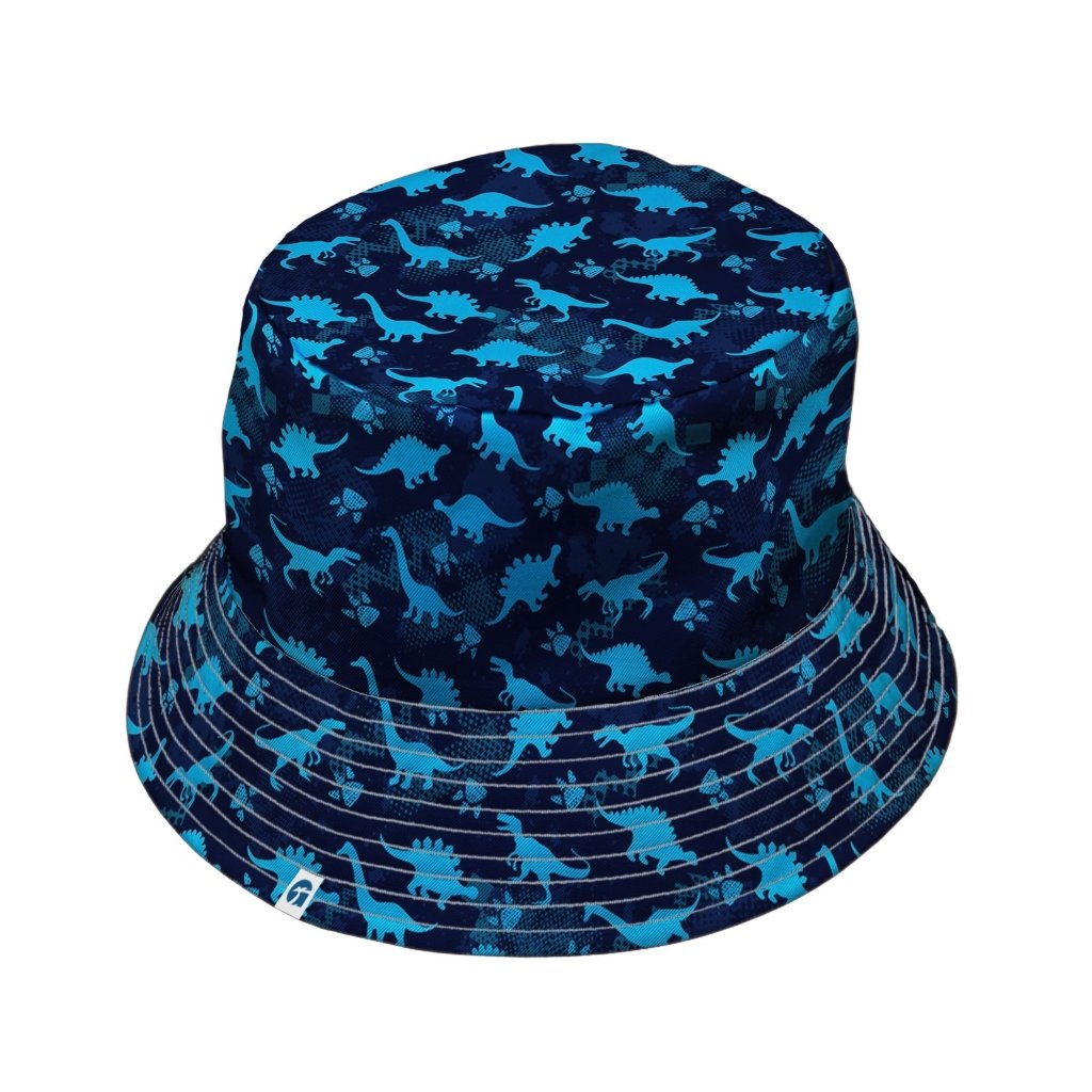 Dinosaur Urban Geometric Blue Dinosaur Bucket Hat - M - Black Stitching - -