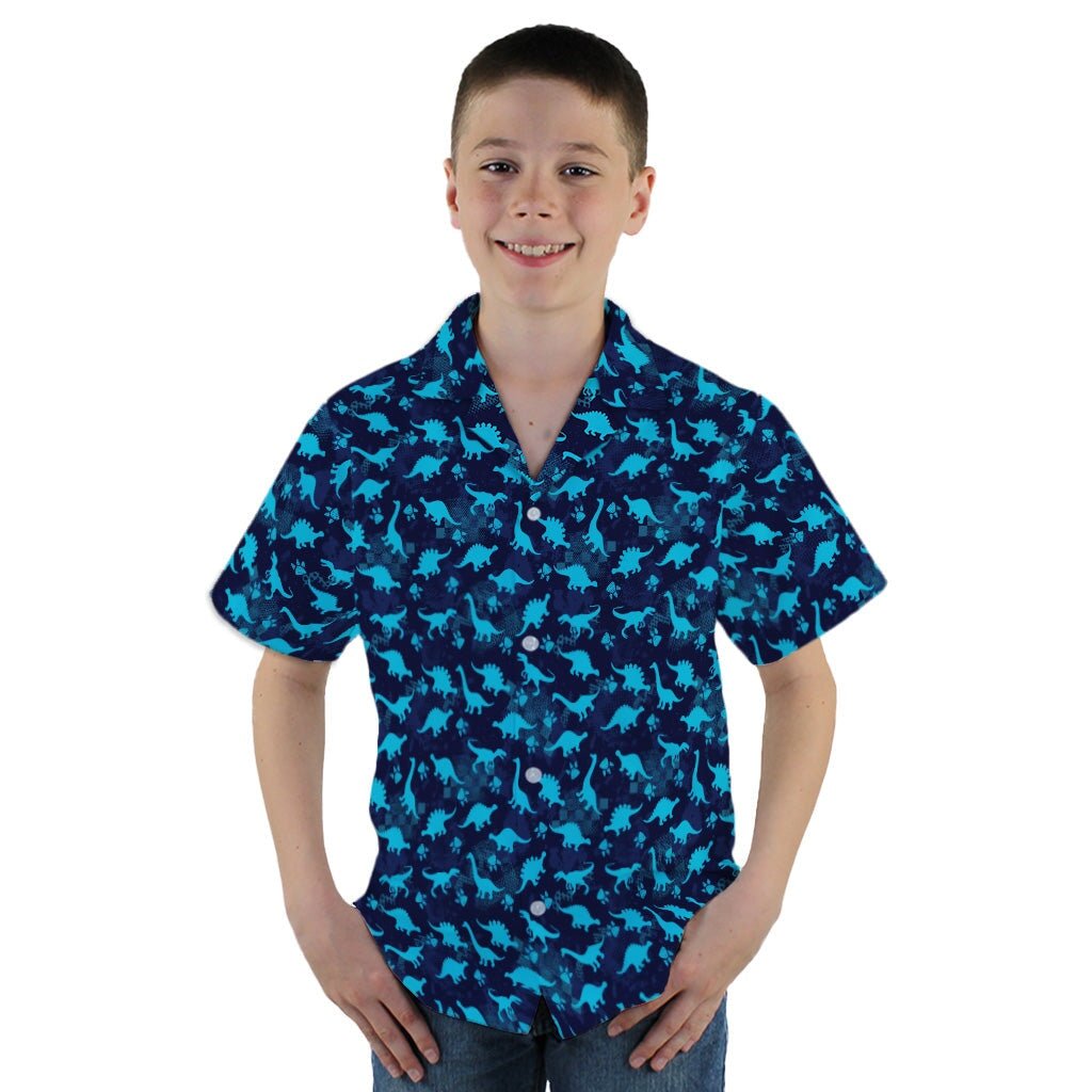 Dinosaur Urban Geometric Blue Dinosaur Youth Hawaiian Shirt - YM - -