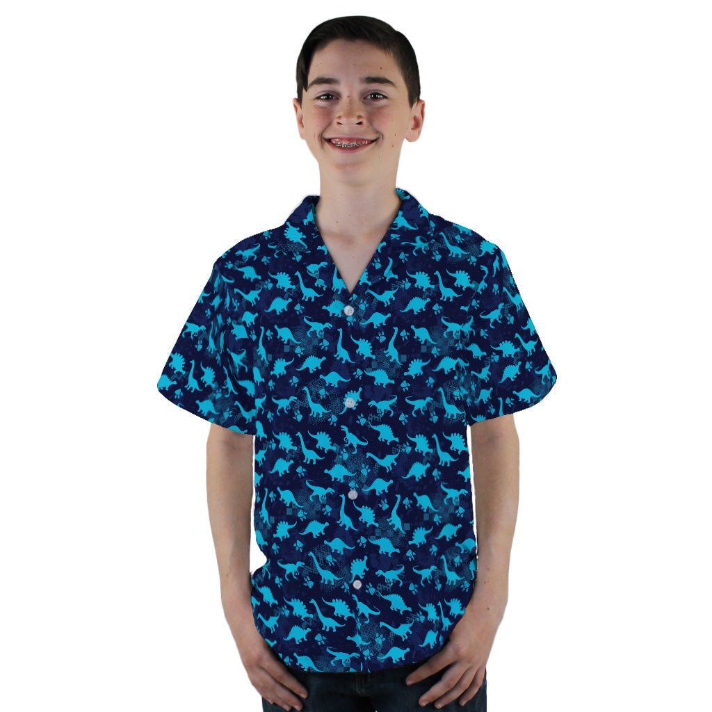 Dinosaur Urban Geometric Blue Dinosaur Youth Hawaiian Shirt - YL - -