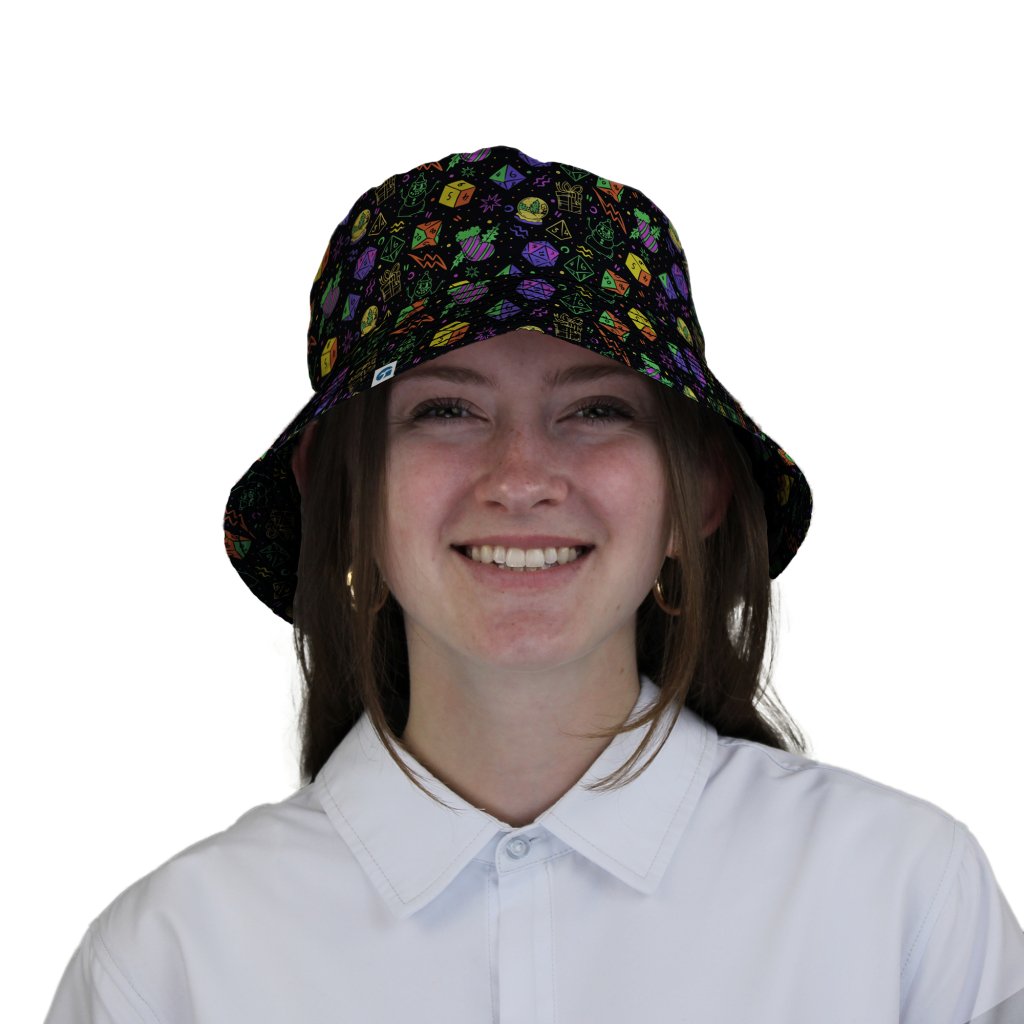 Dnd RPG Christmas Black Bucket Hat - M - Grey Stitching - -