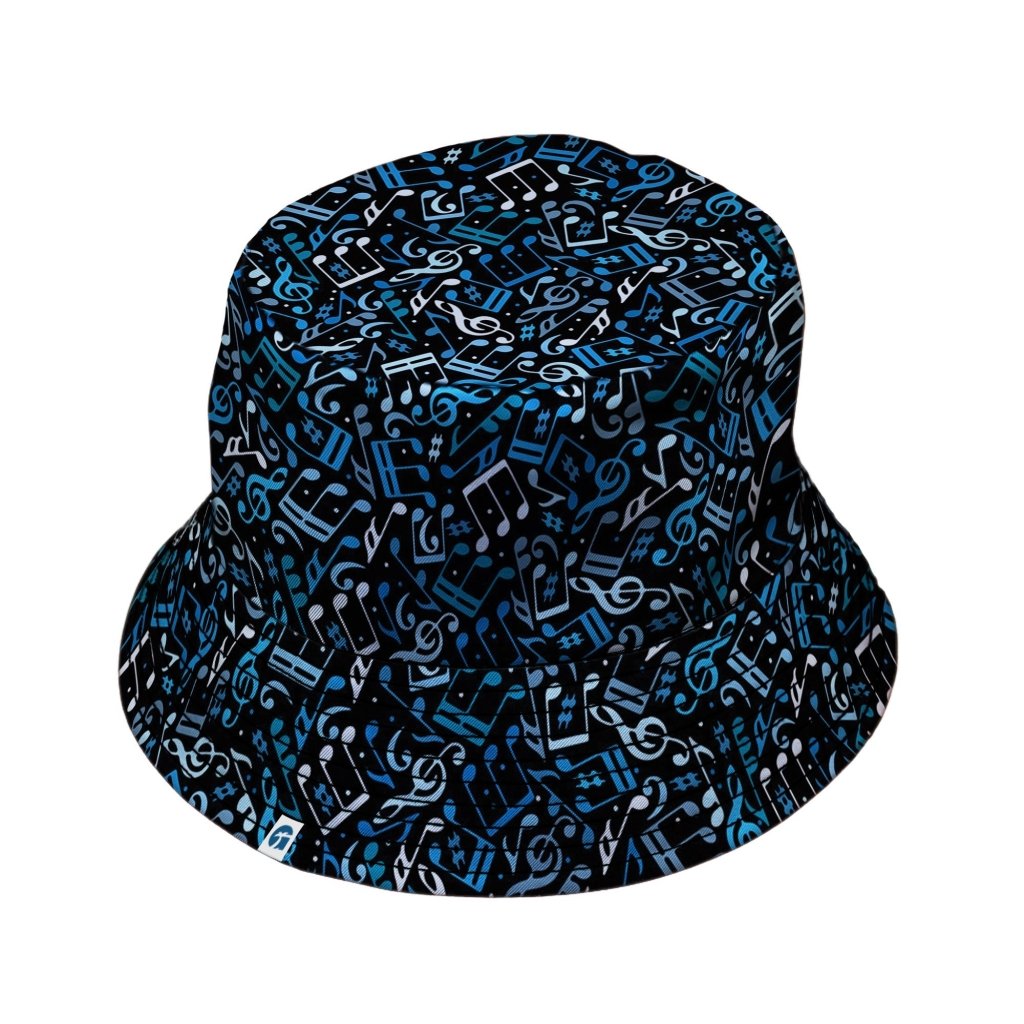 Dotted Blue Musical Notes Black Bucket Hat - M - Grey Stitching - -