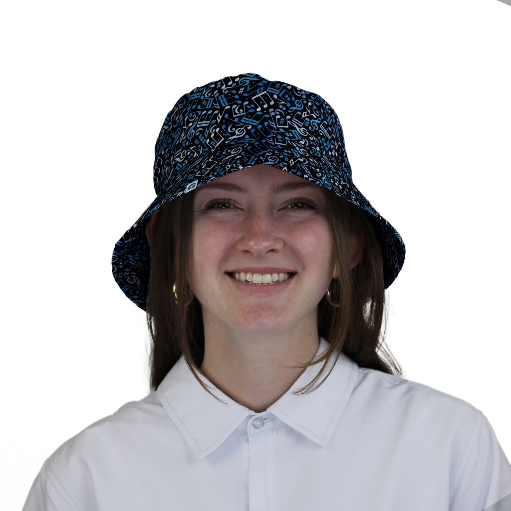 Dotted Blue Musical Notes Black Bucket Hat - M - Black Stitching - -