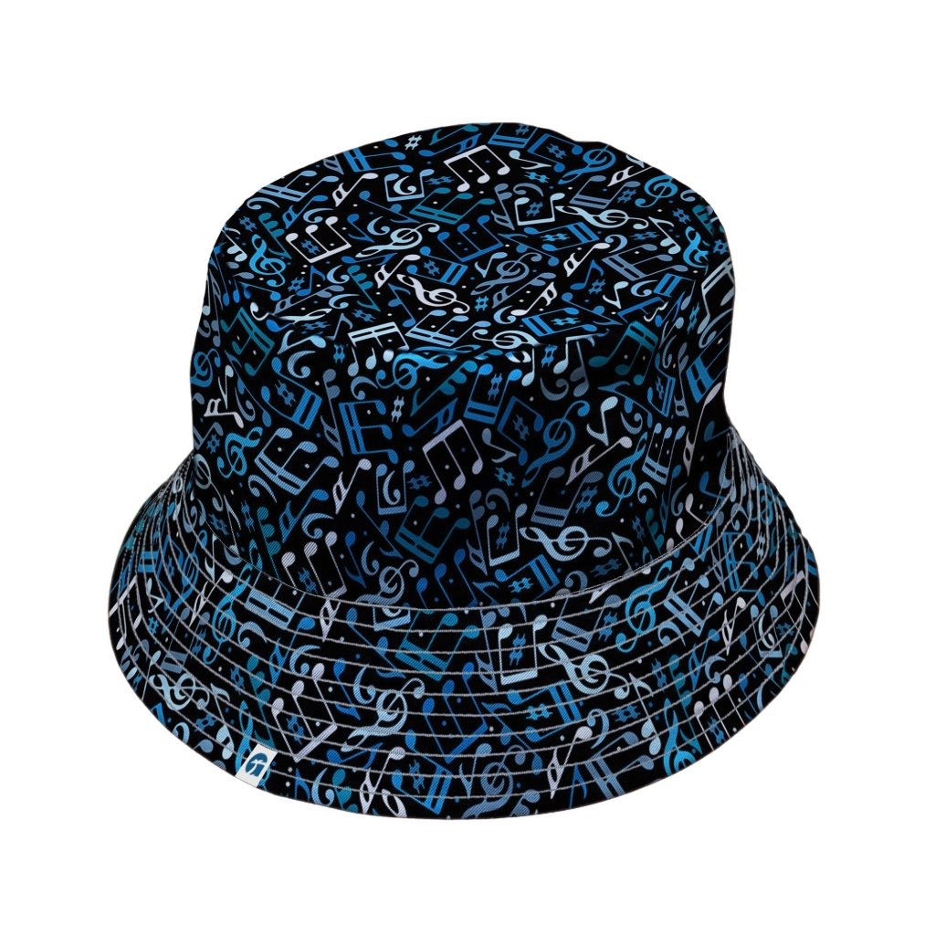 Dotted Blue Musical Notes Black Bucket Hat - M - Black Stitching - -