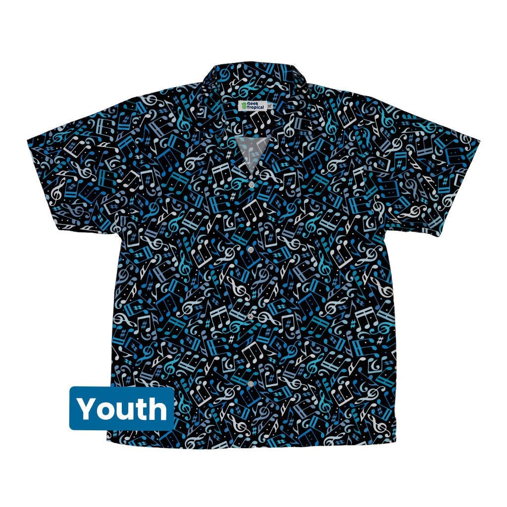 Dotted Blue Musical Notes Black Youth Hawaiian Shirt - YXS - -