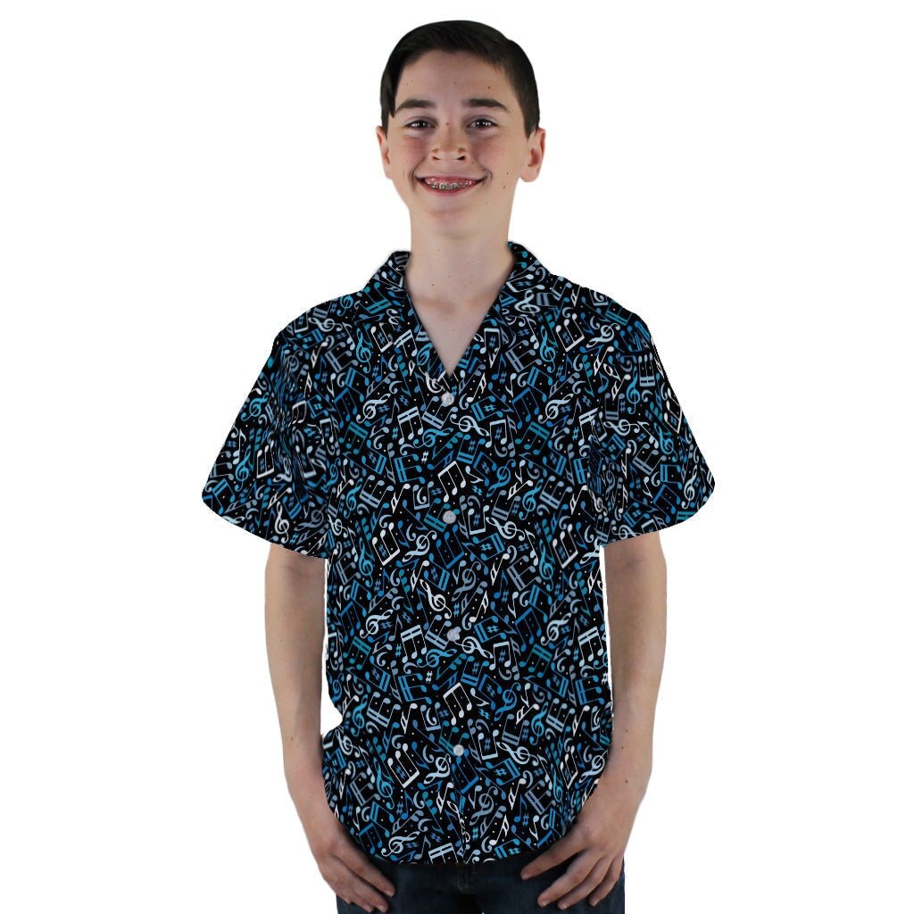 Dotted Blue Musical Notes Black Youth Hawaiian Shirt - YL - -