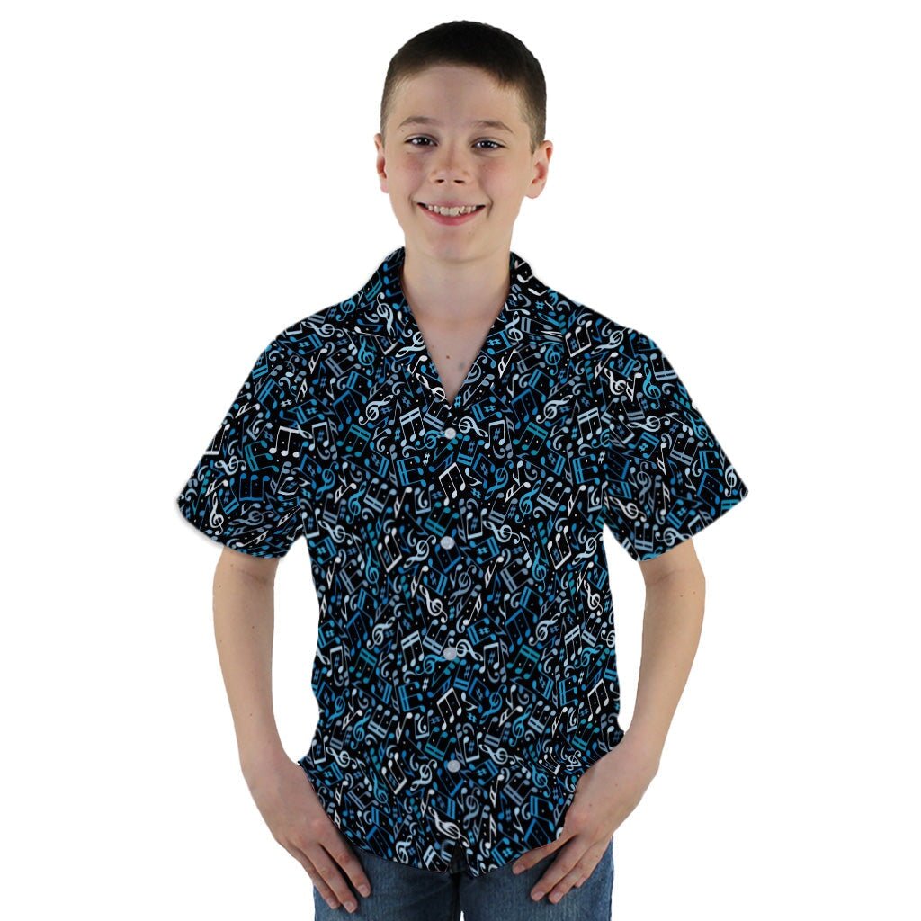 Dotted Blue Musical Notes Black Youth Hawaiian Shirt - YM - -