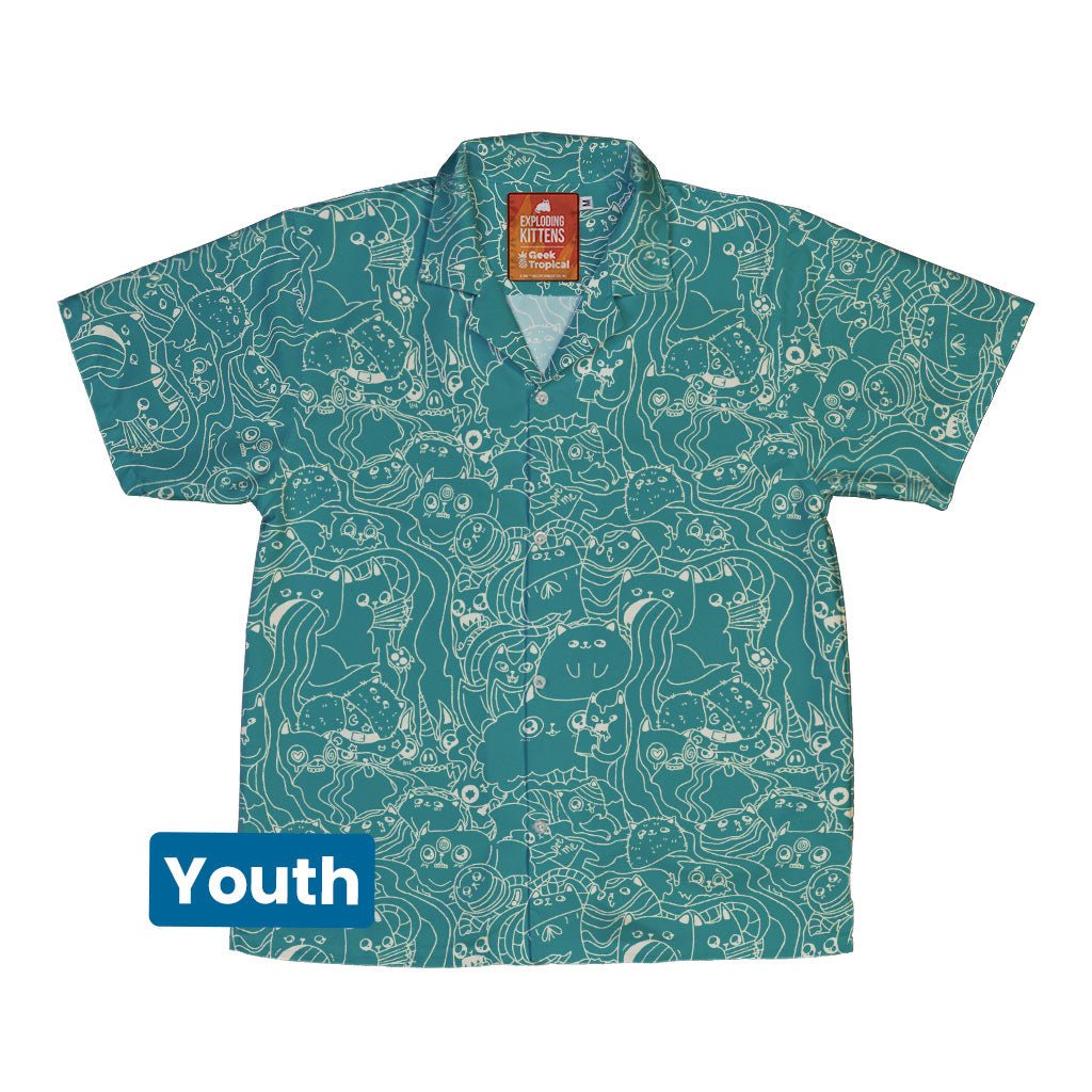 Exploding Kittens Mashup Mossy Teal Youth Hawaiian Shirt - YXS - -