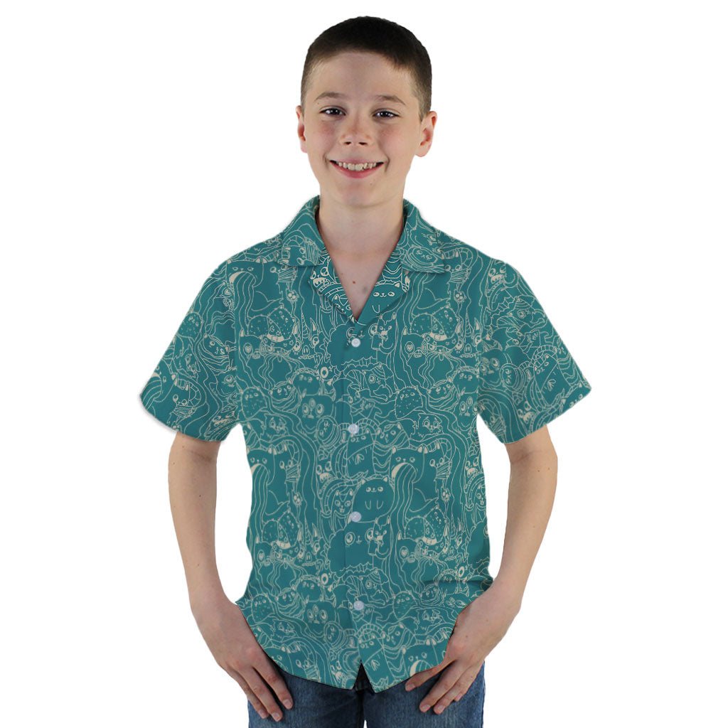 Exploding Kittens Mashup Mossy Teal Youth Hawaiian Shirt - YM - -