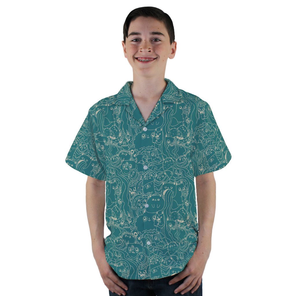 Exploding Kittens Mashup Mossy Teal Youth Hawaiian Shirt - YL - -