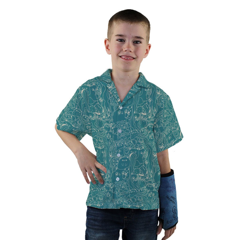 Exploding Kittens Mashup Mossy Teal Youth Hawaiian Shirt - YXS - -