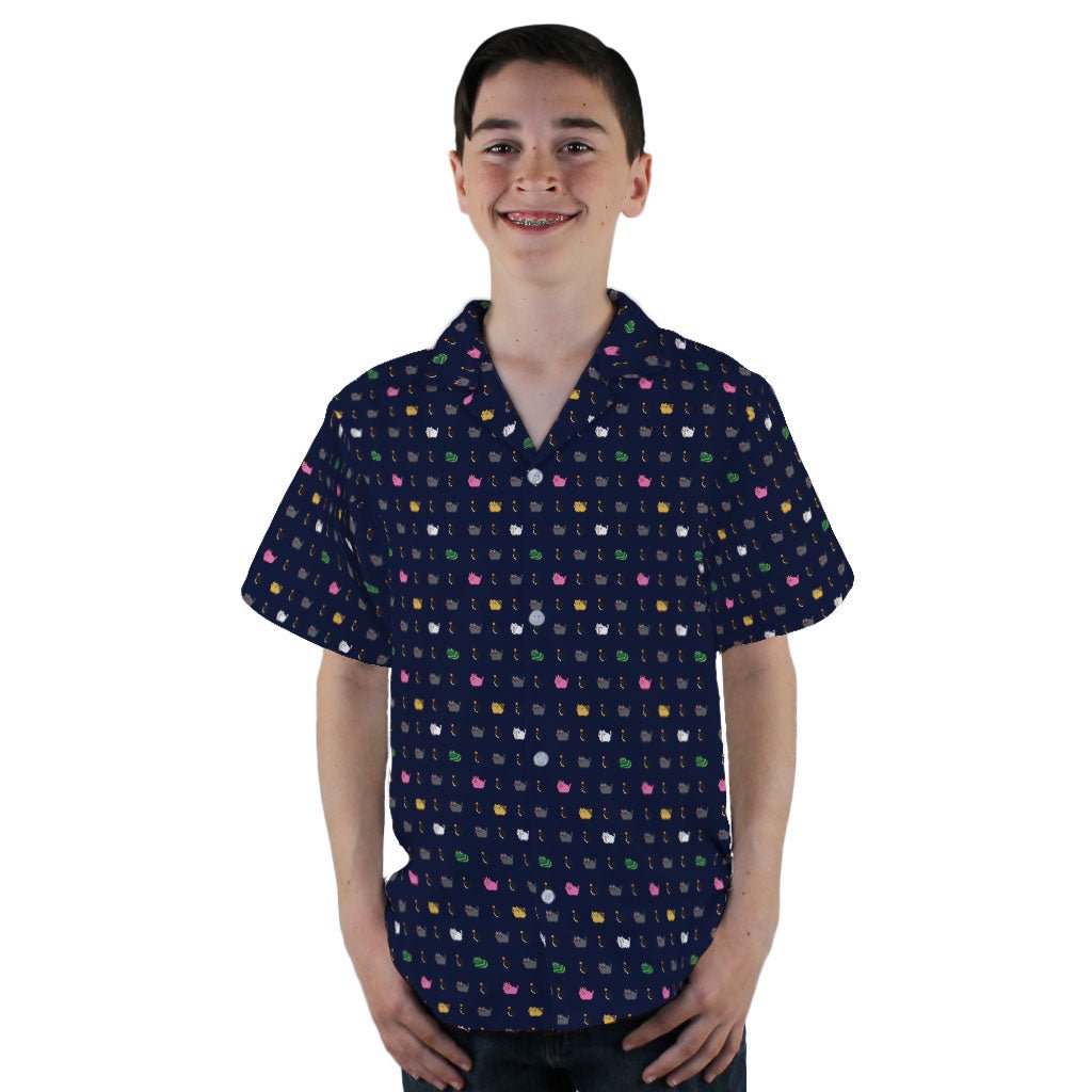 Exploding Kittens Pixel Cats Dark Blue Youth Hawaiian Shirt - YL - -