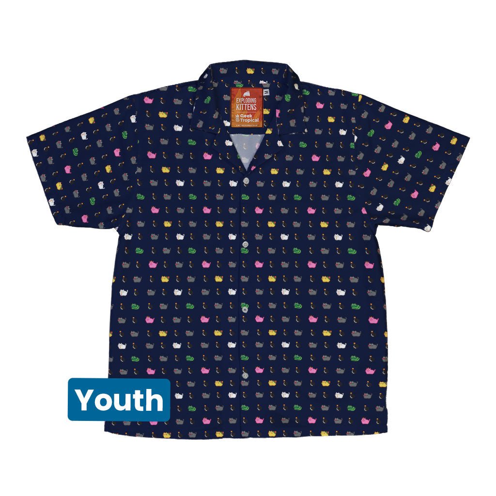 Exploding Kittens Pixel Cats Dark Blue Youth Hawaiian Shirt - YXS - -