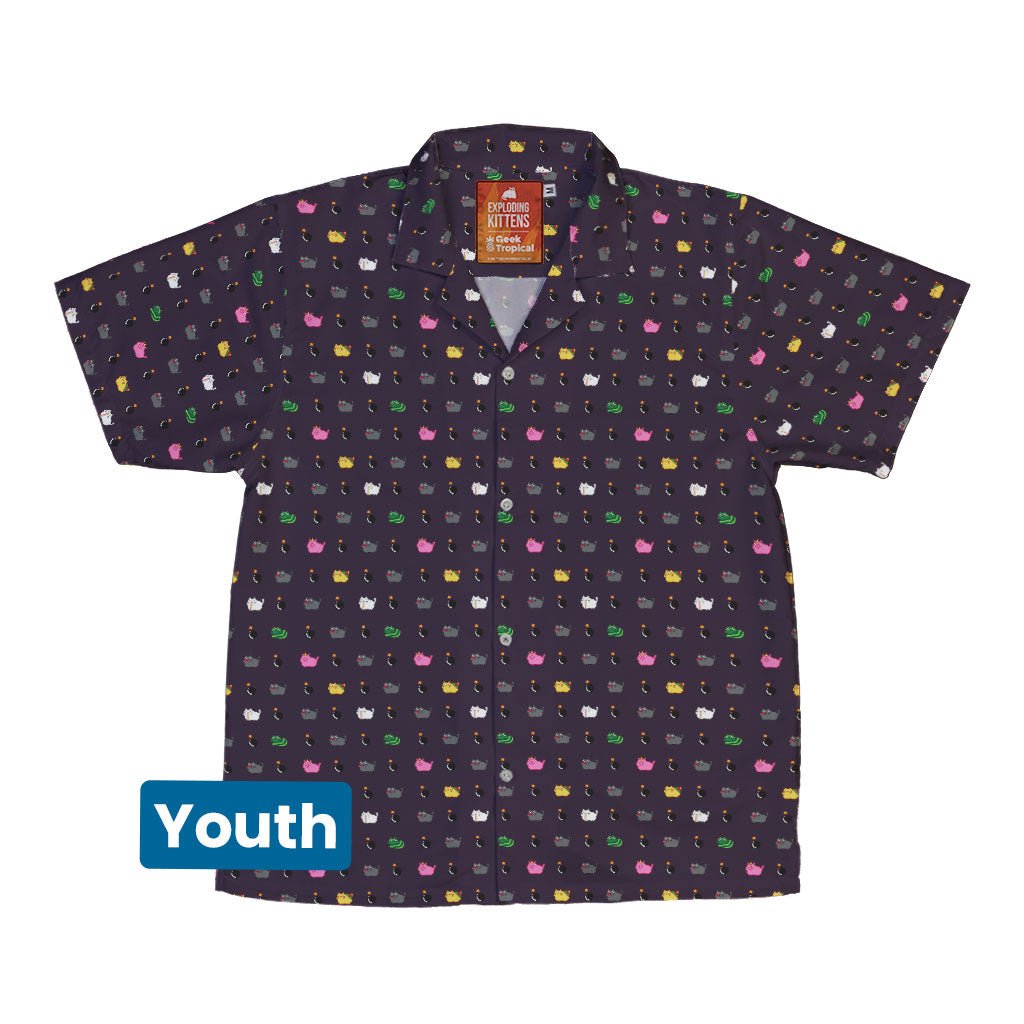 Exploding Kittens Pixel Cats Dark Youth Hawaiian Shirt - YXS - -