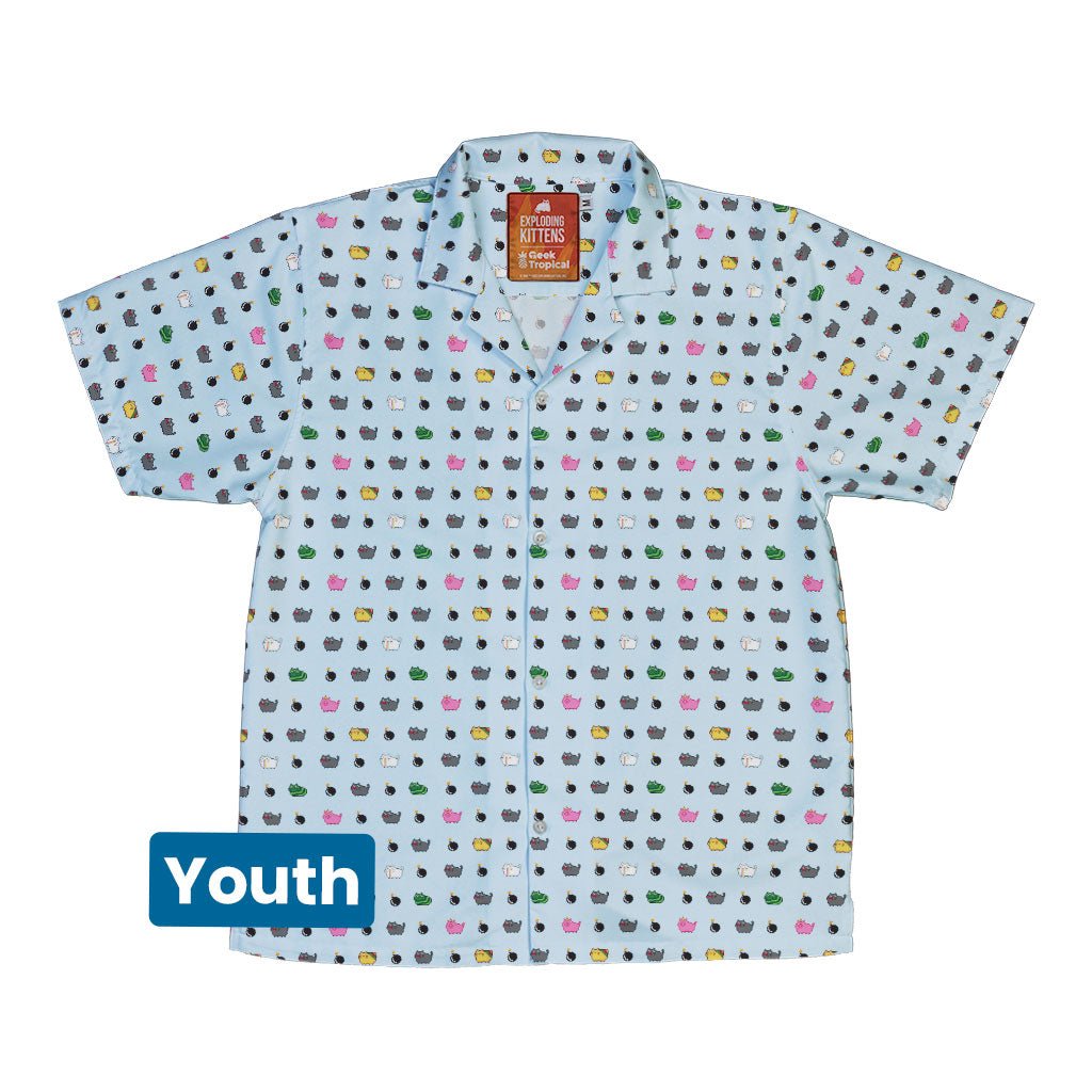 Exploding Kittens Pixel Cats Sky Blue Youth Hawaiian Shirt - YXS - -