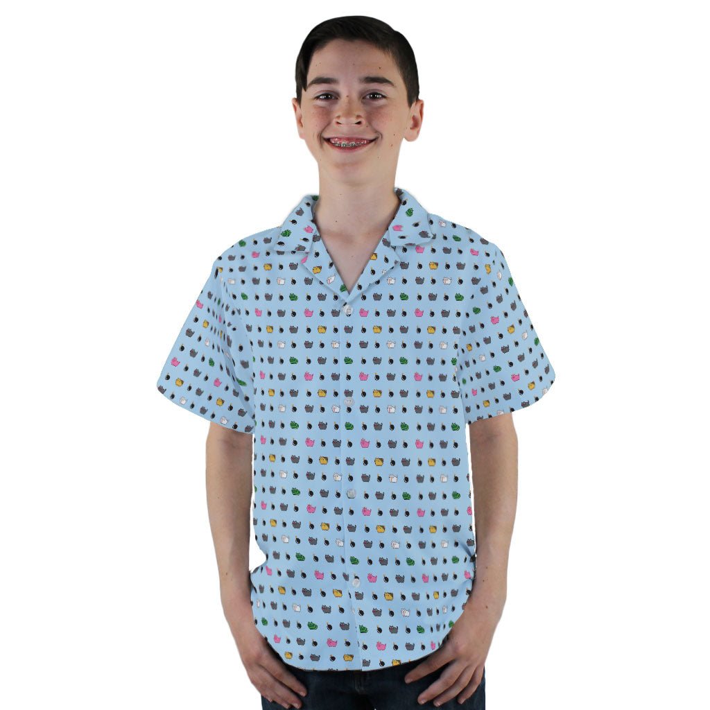 Exploding Kittens Pixel Cats Sky Blue Youth Hawaiian Shirt - YL - -