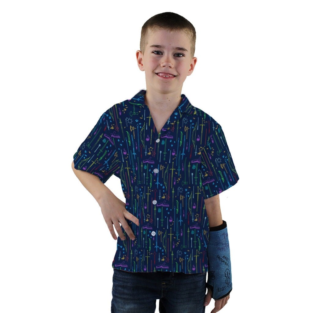 Fantasy RPG Weapons Items Navy Dnd Youth Hawaiian Shirt - YXS - -