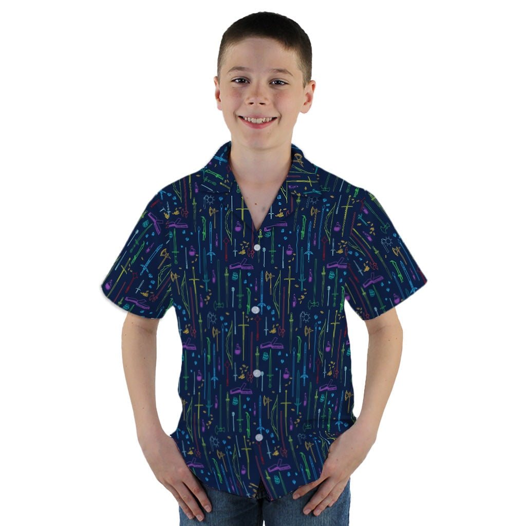 Fantasy RPG Weapons Items Navy Dnd Youth Hawaiian Shirt - YM - -
