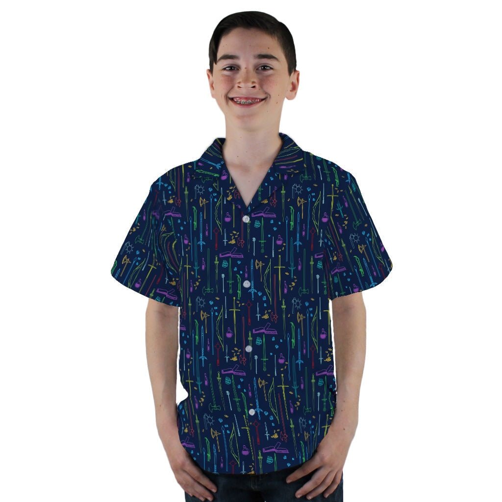 Fantasy RPG Weapons Items Navy Dnd Youth Hawaiian Shirt - YL - -
