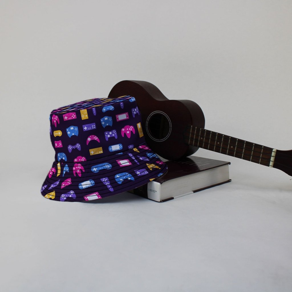 Game Controllers Purple Video Game Bucket Hat - M - Black Stitching - -