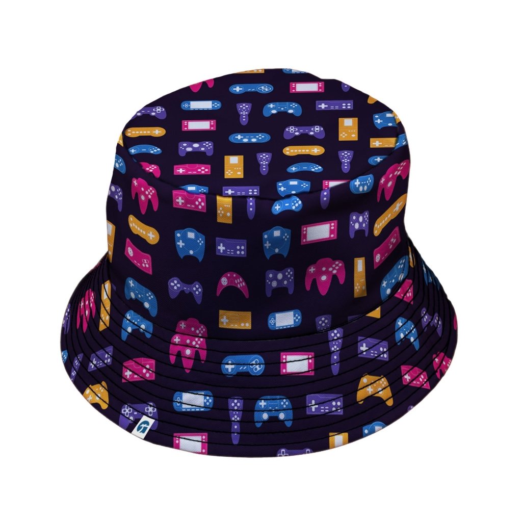 Game Controllers Purple Video Game Bucket Hat - M - Grey Stitching - -
