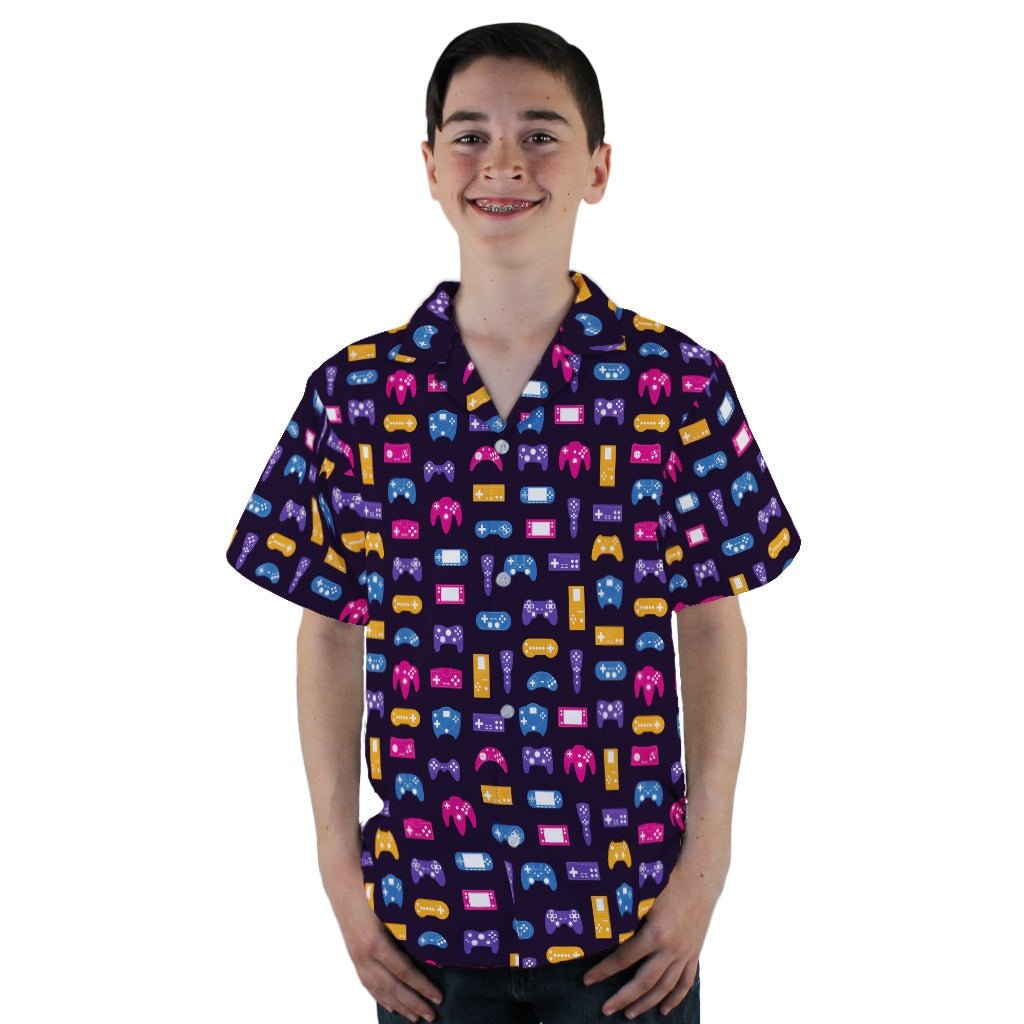 Game Controllers Purple Video Game Youth Hawaiian Shirt - YL - -