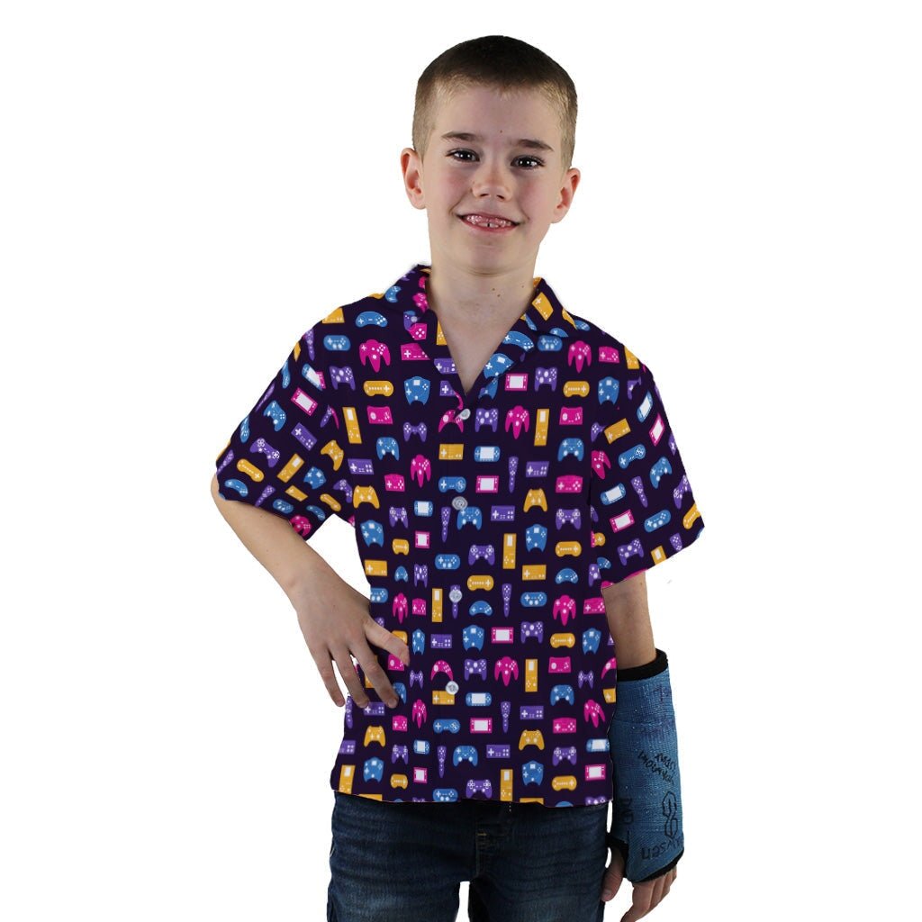 Game Controllers Purple Video Game Youth Hawaiian Shirt - YXS - -