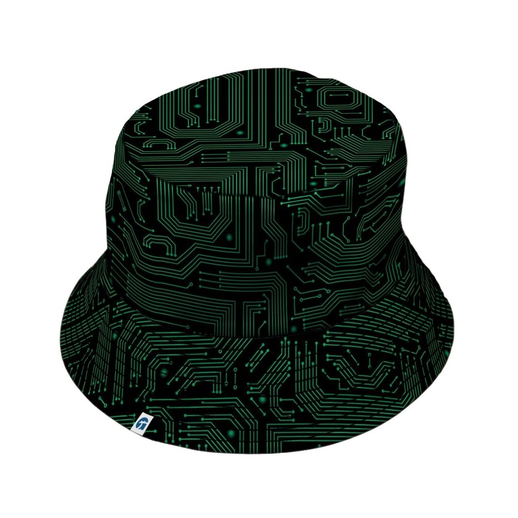 Green Black Computer Circuit Board Bucket Hat - M - Grey Stitching - -