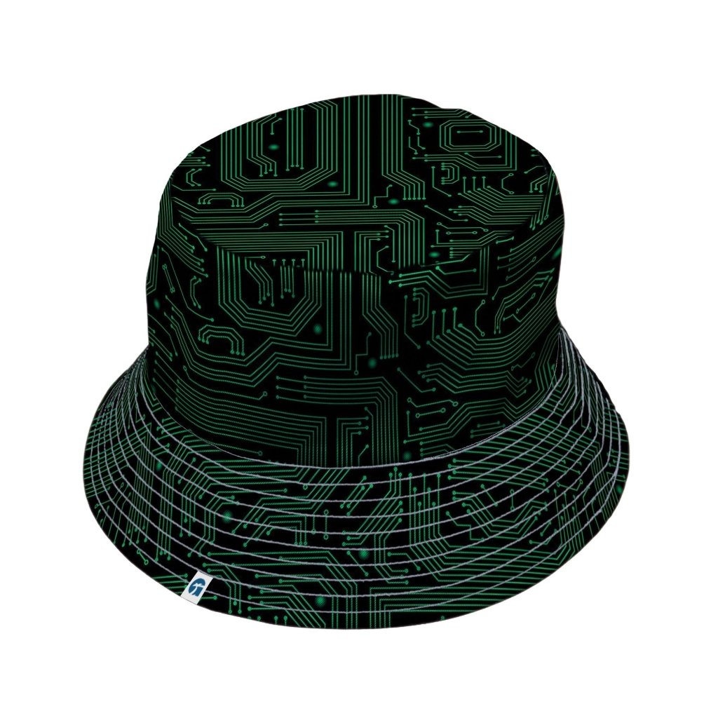 Green Black Computer Circuit Board Bucket Hat - M - Black Stitching - -