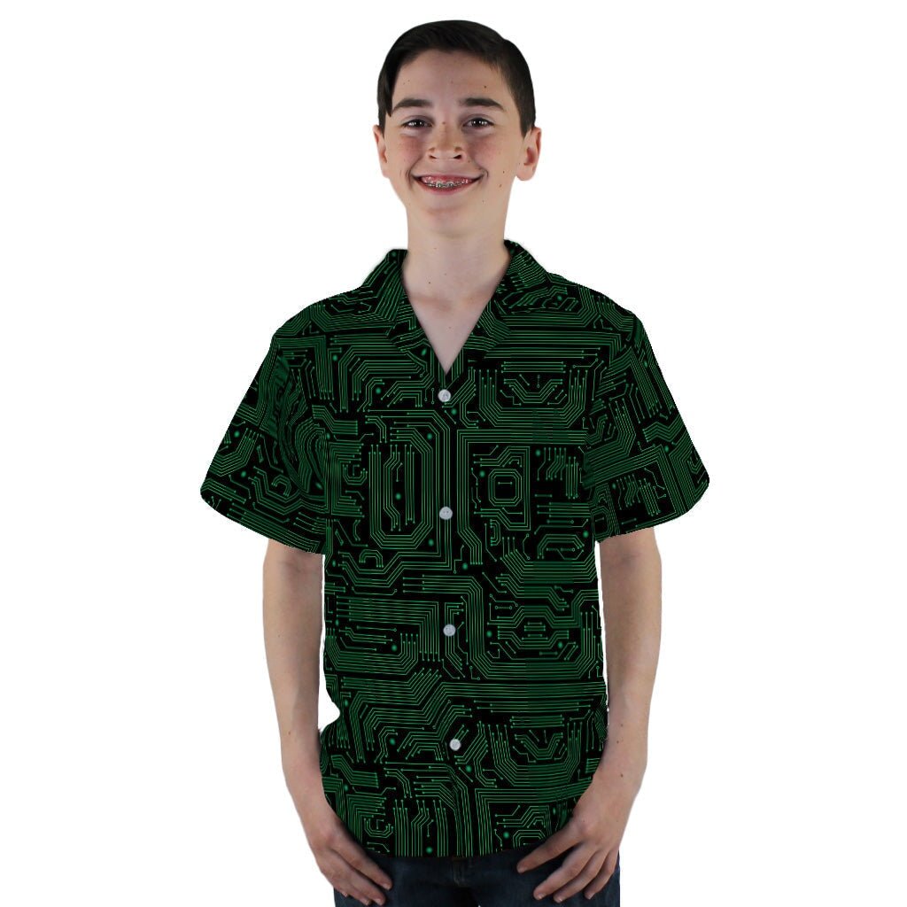 Green Black Computer Circuit Board Youth Hawaiian Shirt - YL - -
