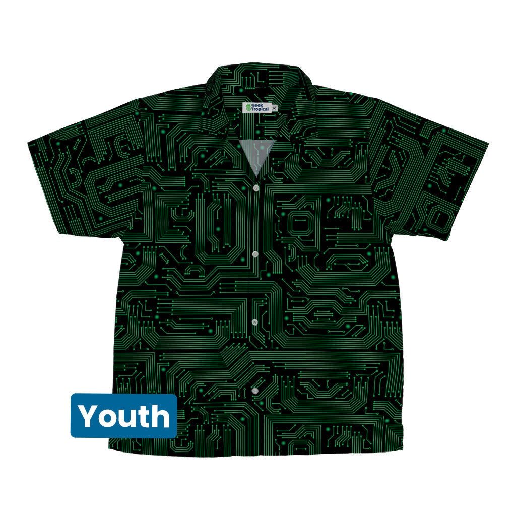 Green Black Computer Circuit Board Youth Hawaiian Shirt - YXS - -