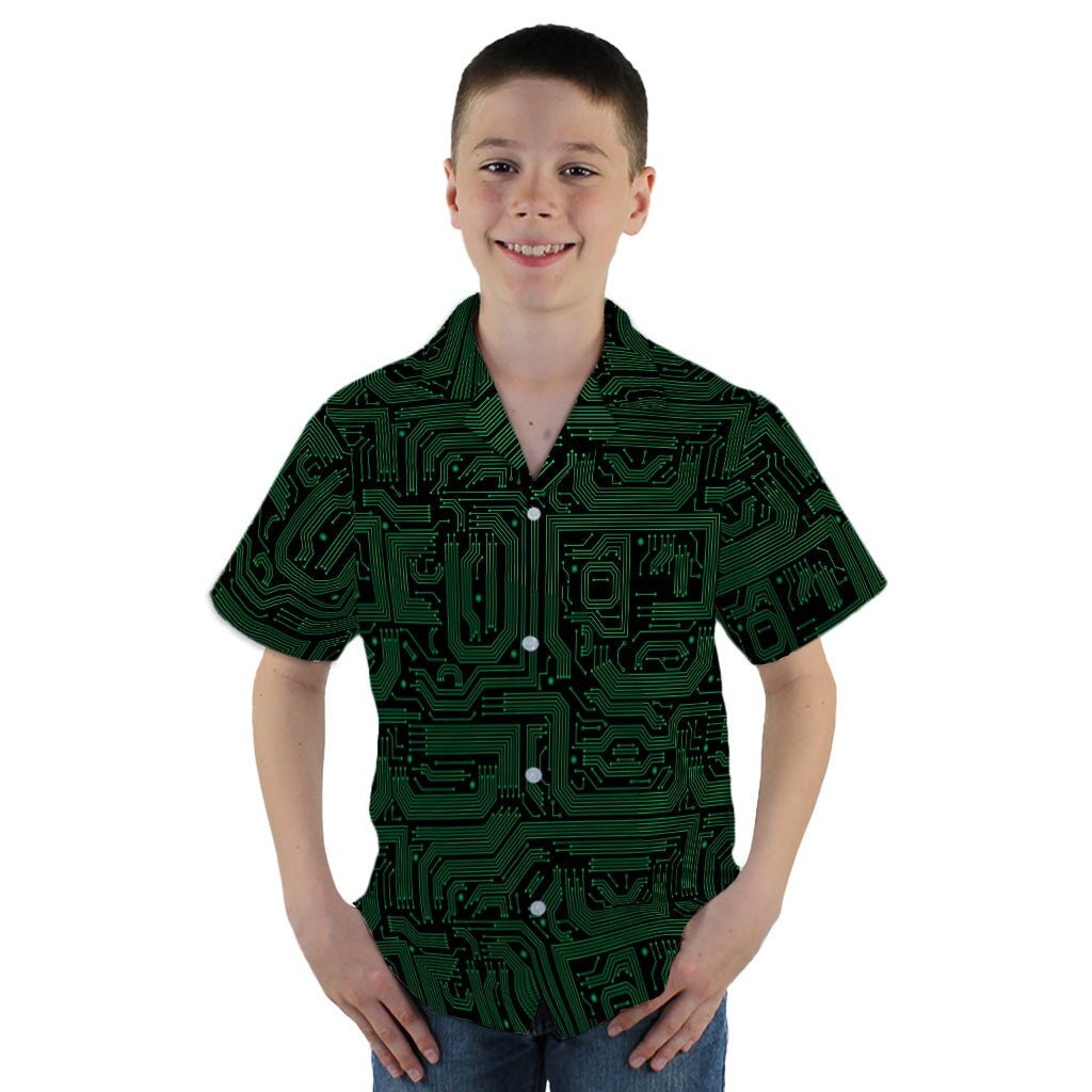 Green Black Computer Circuit Board Youth Hawaiian Shirt - YM - -