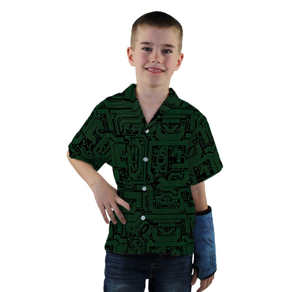 Green Black Computer Circuit Board Youth Hawaiian Shirt - YXS - -