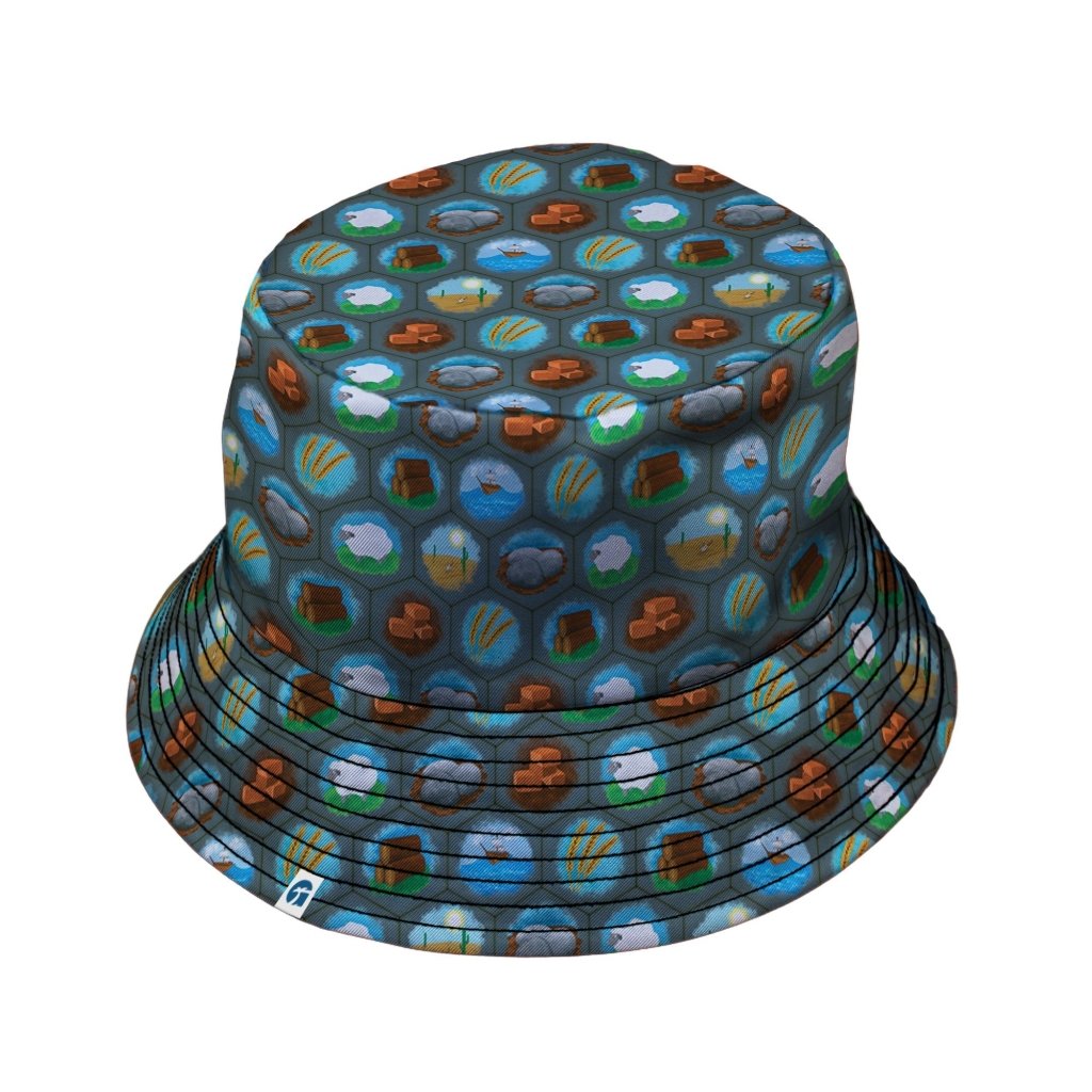 Hexagon Tile Game Symbols Bucket Hat - M - Grey Stitching - -