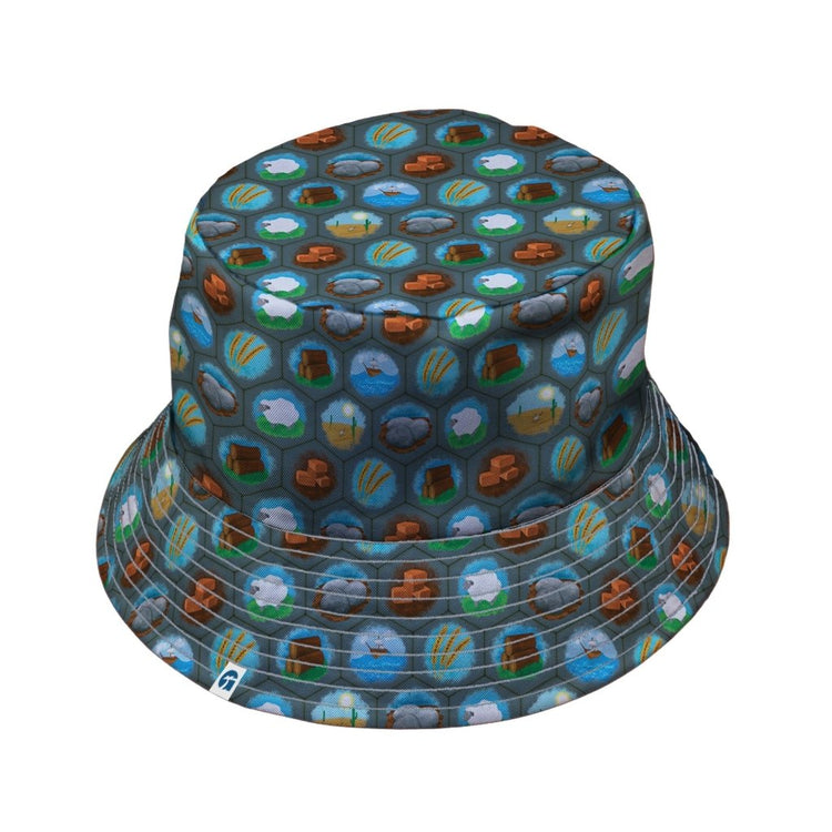 Hexagon Tile Game Symbols Bucket Hat - M - Black Stitching - -