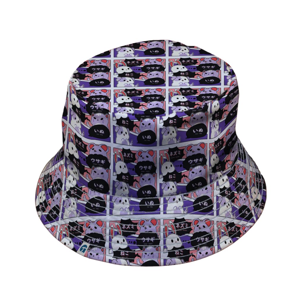 Kawaii Animal Comic Panel Purple Bucket Hat - M - Grey Stitching - -